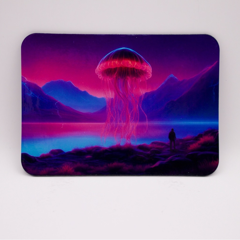 Outrun Esthetic Magnet: Mountain Scene with a Large Jellyfish